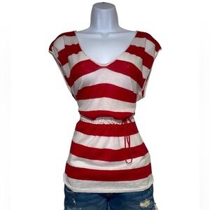 White and red vintage striped babydoll style top with drawstring waist